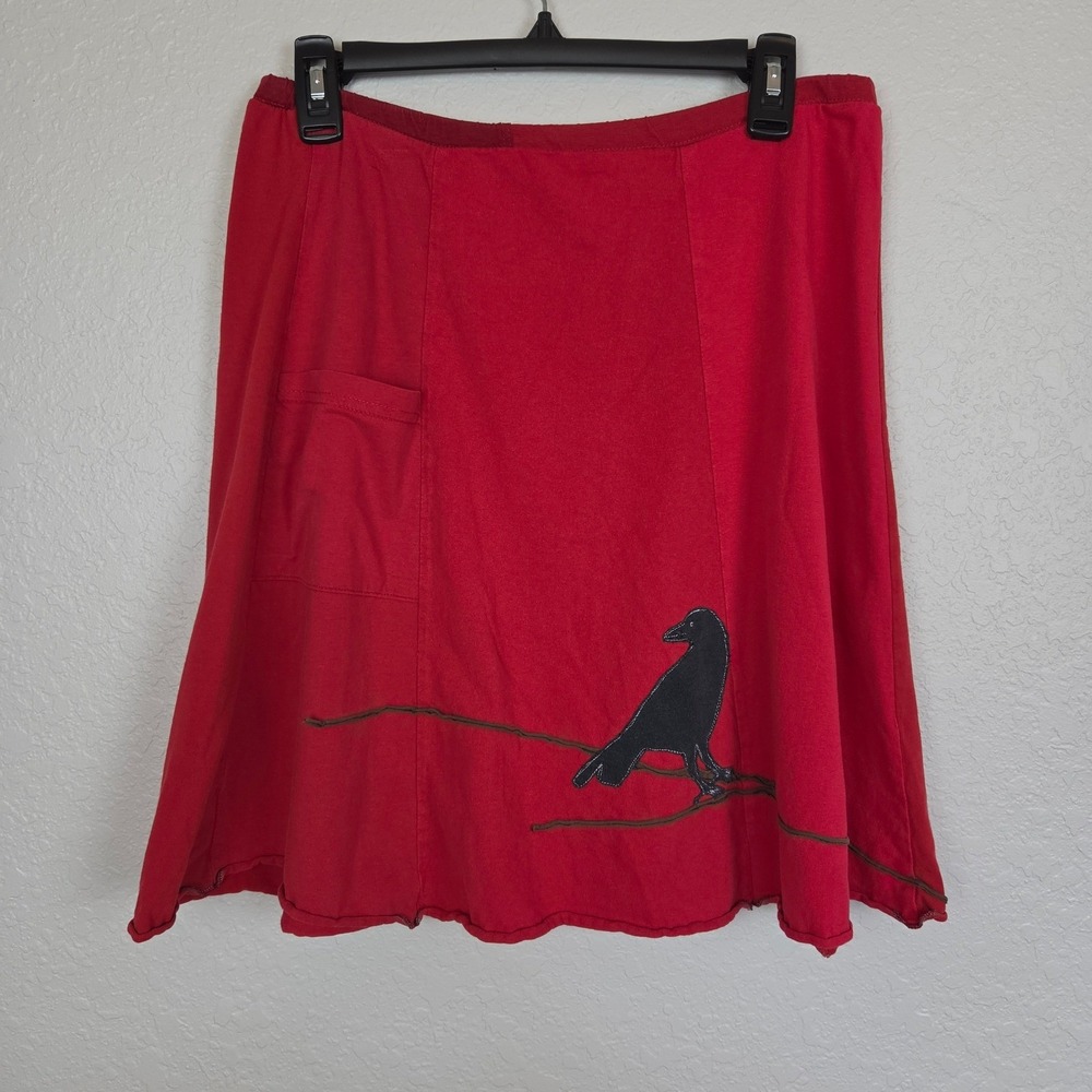Sardine Clothing Co Women's Recycled Cotton Med Red Crow Art Applique Skirt